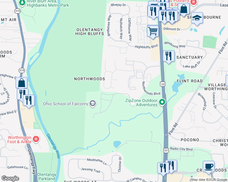 map of restaurants, bars, coffee shops, grocery stores, and more near 251 Autumn Leaf Court in Columbus