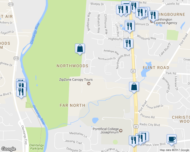 map of restaurants, bars, coffee shops, grocery stores, and more near 243 Autumn Leaf Court in Columbus