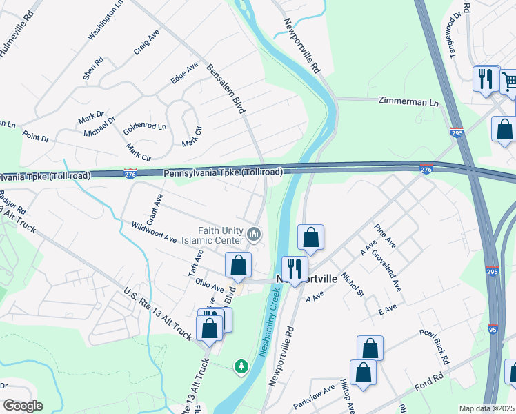 map of restaurants, bars, coffee shops, grocery stores, and more near 6087 Spring Avenue in Bensalem
