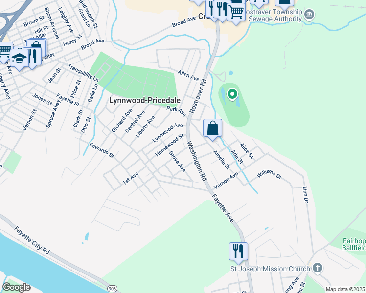 map of restaurants, bars, coffee shops, grocery stores, and more near 201 Grove Avenue in Belle Vernon