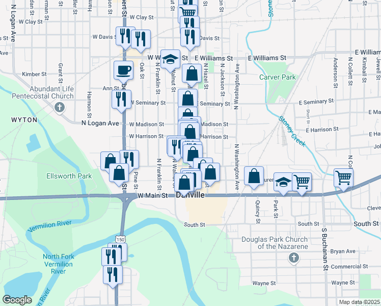 map of restaurants, bars, coffee shops, grocery stores, and more near 102 North Vermilion Street in Danville