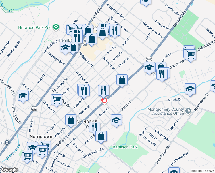 map of restaurants, bars, coffee shops, grocery stores, and more near 1655 Willow Street in Norristown