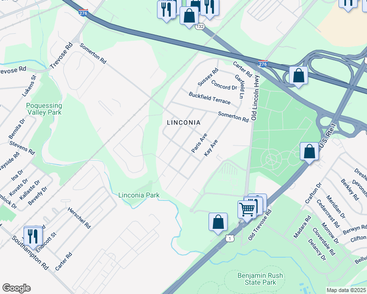 map of restaurants, bars, coffee shops, grocery stores, and more near 2511 Linconia Avenue in Feasterville-Trevose