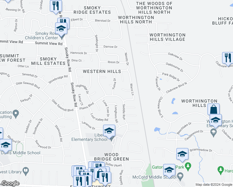 map of restaurants, bars, coffee shops, grocery stores, and more near 1792 Plains Boulevard in Powell
