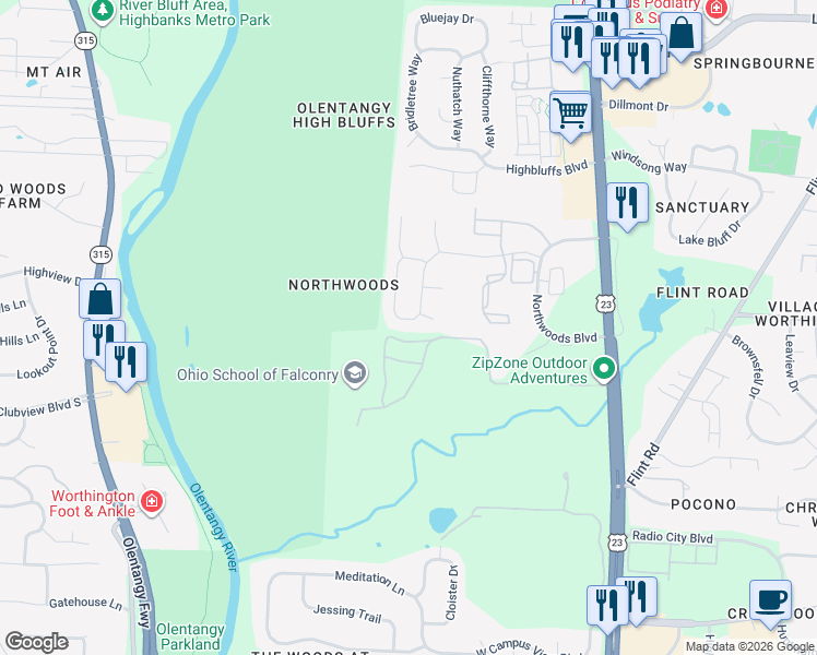 map of restaurants, bars, coffee shops, grocery stores, and more near 251 Autumn Leaf Court in Columbus