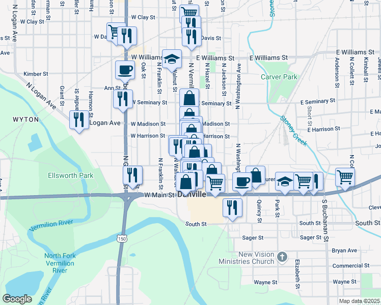map of restaurants, bars, coffee shops, grocery stores, and more near 102 North Vermilion Street in Danville