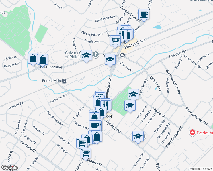 map of restaurants, bars, coffee shops, grocery stores, and more near 515 Denise Drive in Philadelphia