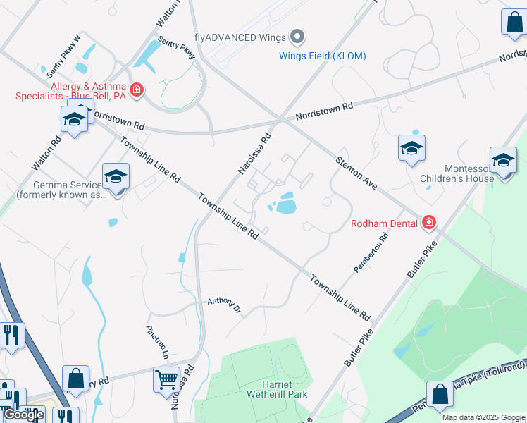 map of restaurants, bars, coffee shops, grocery stores, and more near 29 Barclay Court in Blue Bell
