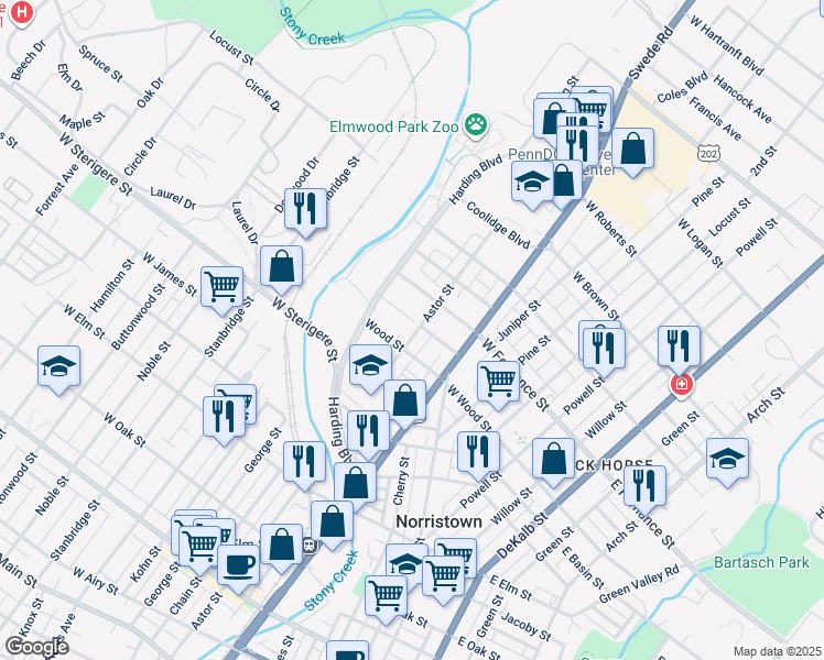 map of restaurants, bars, coffee shops, grocery stores, and more near 1323 Astor Street in Norristown