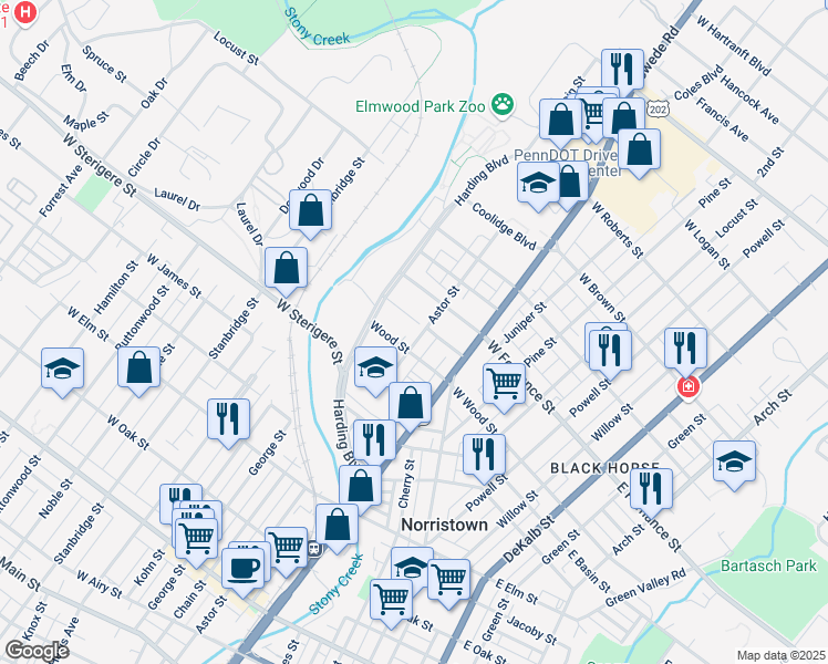 map of restaurants, bars, coffee shops, grocery stores, and more near 327 West Wood Street in Norristown