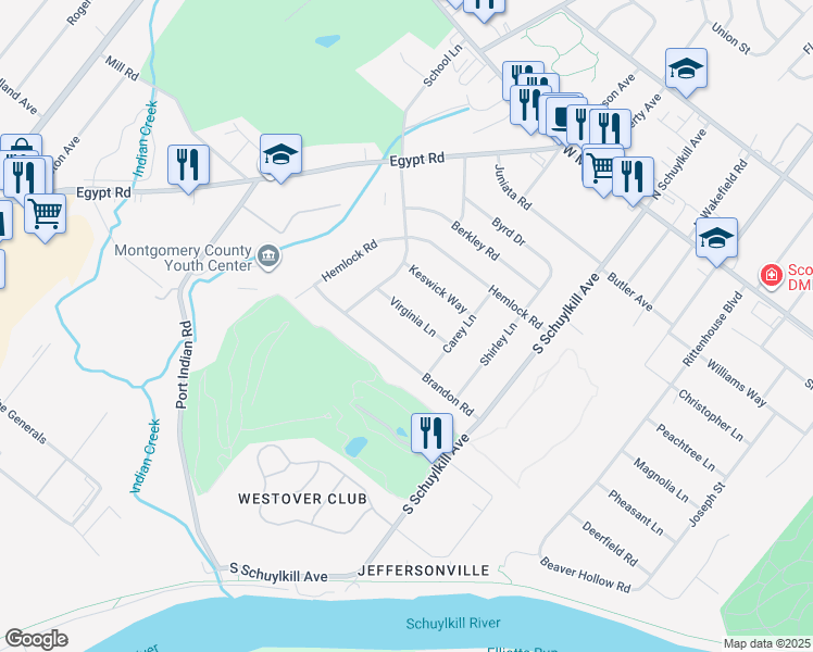 map of restaurants, bars, coffee shops, grocery stores, and more near 1923 Brandon Road in Eagleville