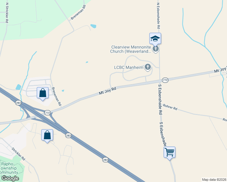 map of restaurants, bars, coffee shops, grocery stores, and more near 2493 Mount Joy Road in Manheim