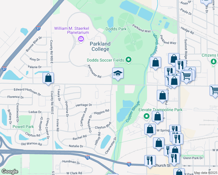 map of restaurants, bars, coffee shops, grocery stores, and more near 2459 Clayton Boulevard in Champaign