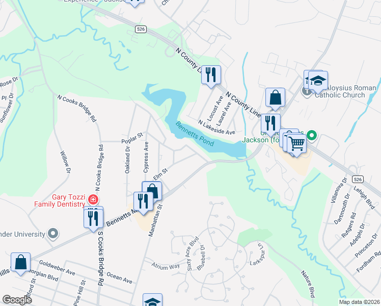 map of restaurants, bars, coffee shops, grocery stores, and more near 790 Bennetts Mills Road in Jackson Township
