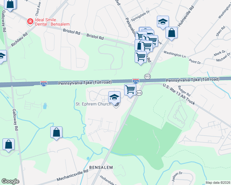 map of restaurants, bars, coffee shops, grocery stores, and more near 32 Freedom Lane in Bensalem
