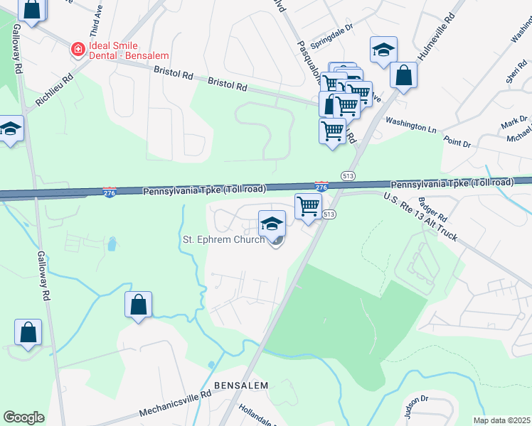 map of restaurants, bars, coffee shops, grocery stores, and more near 66 Freedom Lane in Bensalem