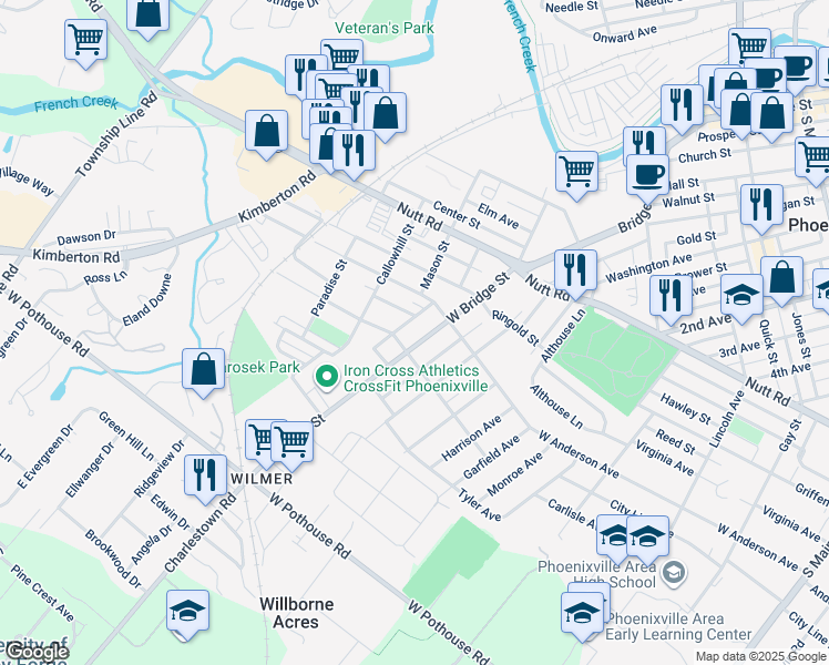 map of restaurants, bars, coffee shops, grocery stores, and more near 927 West Bridge Street in Phoenixville