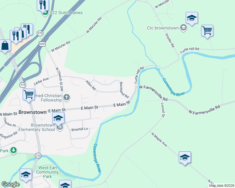 map of restaurants, bars, coffee shops, grocery stores, and more near 245 East Main Street in Ephrata
