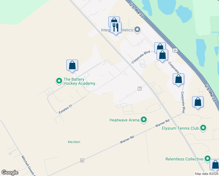 map of restaurants, bars, coffee shops, grocery stores, and more near 8265 Estates Parkway in Plain City