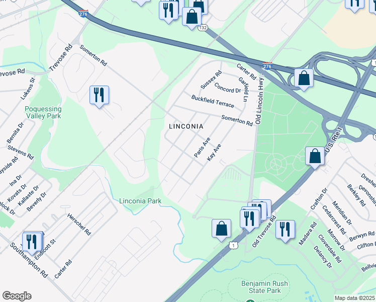 map of restaurants, bars, coffee shops, grocery stores, and more near 2511 Linconia Avenue in Feasterville-Trevose