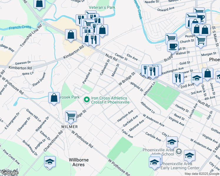 map of restaurants, bars, coffee shops, grocery stores, and more near 927 West Bridge Street in Phoenixville