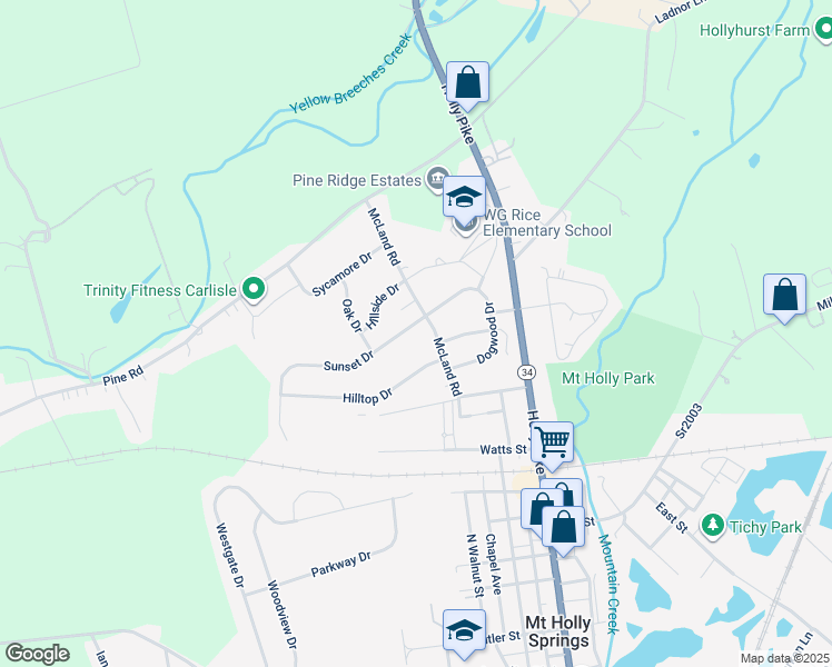 map of restaurants, bars, coffee shops, grocery stores, and more near 103 Sunset Drive in Mount Holly Springs