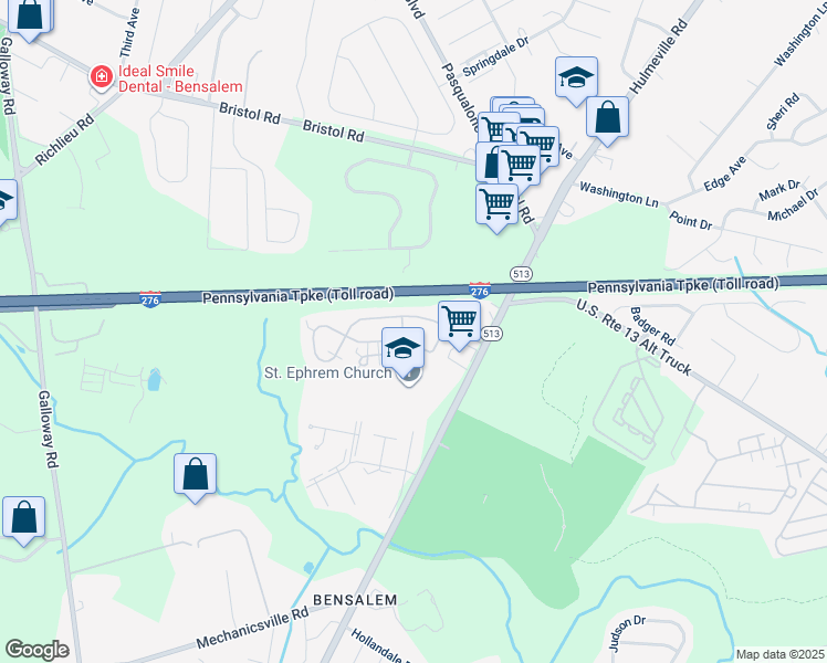 map of restaurants, bars, coffee shops, grocery stores, and more near 52 Freedom Lane in Bensalem