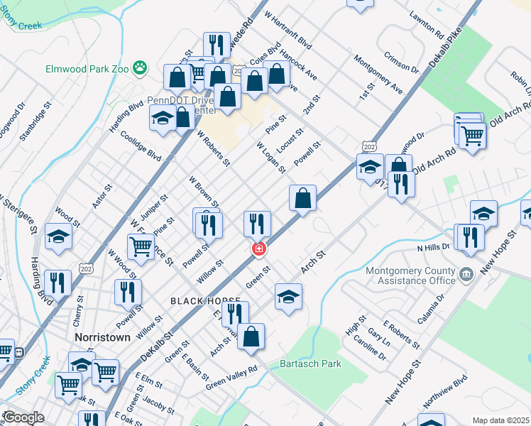 map of restaurants, bars, coffee shops, grocery stores, and more near 1655 Willow Street in Norristown