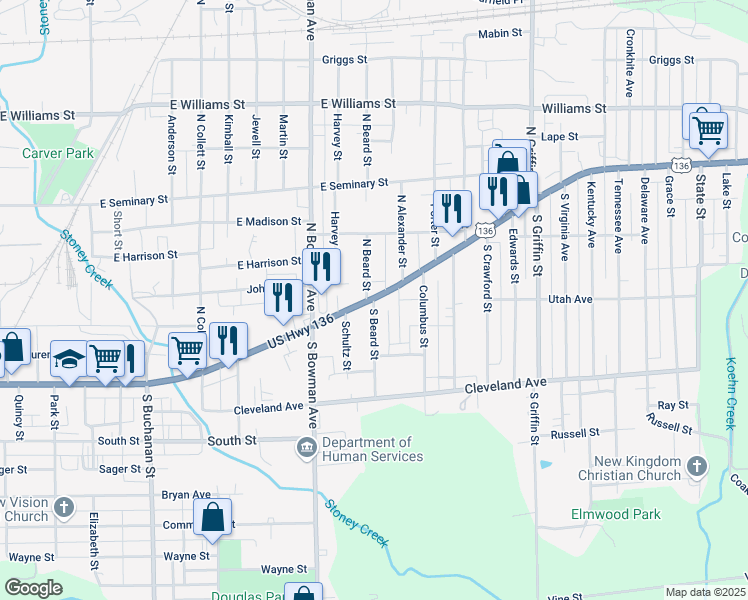 map of restaurants, bars, coffee shops, grocery stores, and more near 1 South Beard Street in Danville