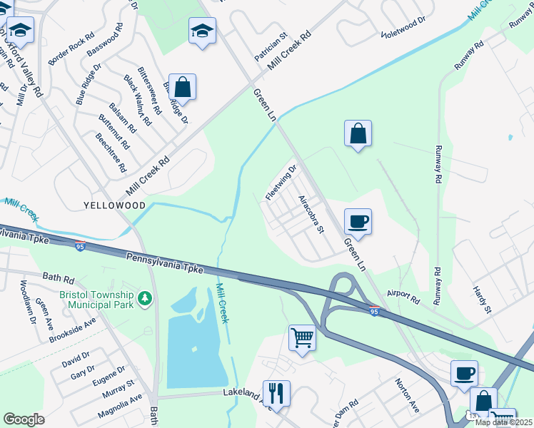 map of restaurants, bars, coffee shops, grocery stores, and more near 2415 Fleetwing Drive in Levittown