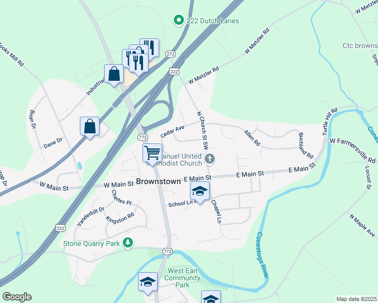 map of restaurants, bars, coffee shops, grocery stores, and more near 47 Walnut Drive in Ephrata