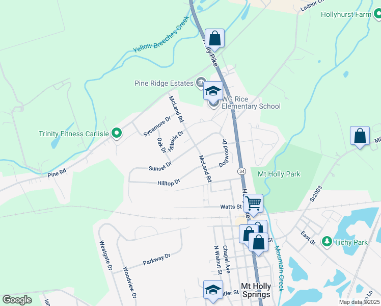 map of restaurants, bars, coffee shops, grocery stores, and more near 103 Sunset Drive in Mount Holly Springs