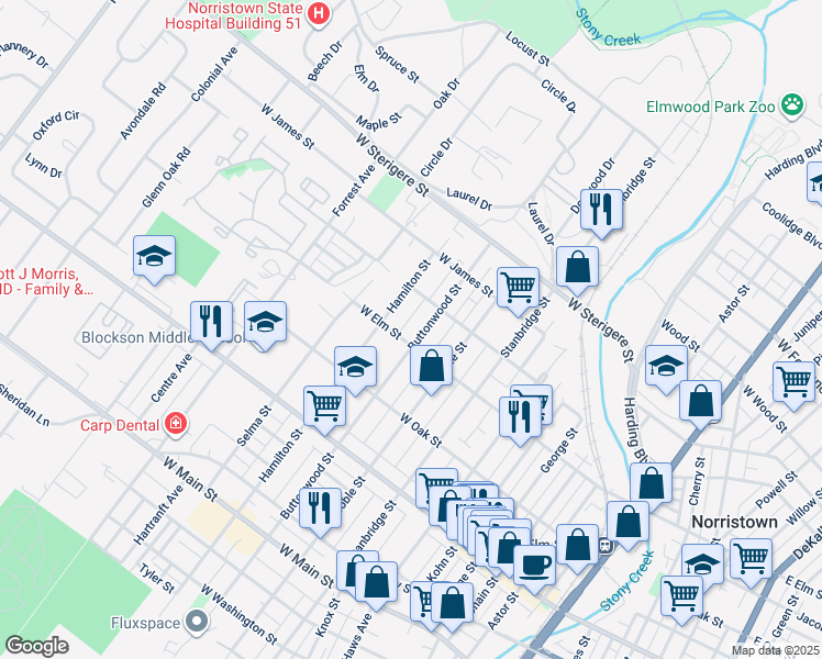 map of restaurants, bars, coffee shops, grocery stores, and more near 807 Buttonwood Street in Norristown