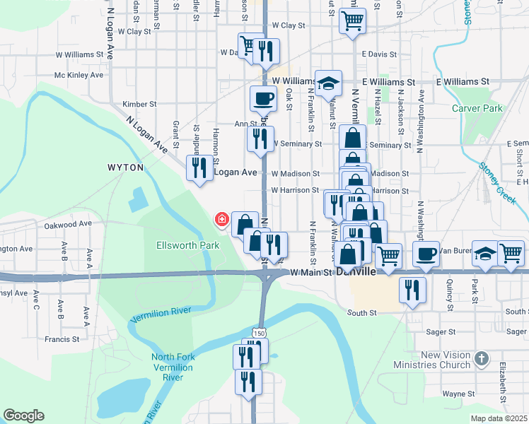 map of restaurants, bars, coffee shops, grocery stores, and more near 116 North Gilbert Street in Danville