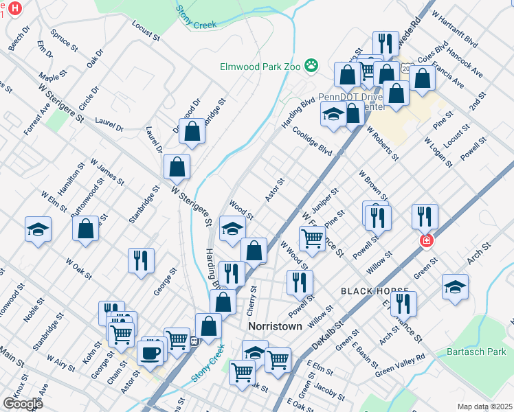 map of restaurants, bars, coffee shops, grocery stores, and more near 406 West Fornance Street in Norristown