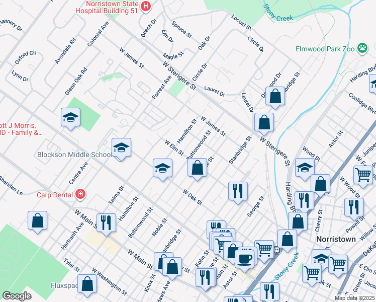 map of restaurants, bars, coffee shops, grocery stores, and more near 807 Buttonwood Street in Norristown