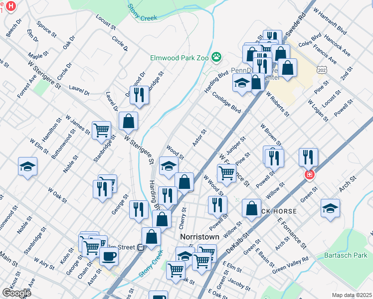 map of restaurants, bars, coffee shops, grocery stores, and more near 1323 Astor Street in Norristown