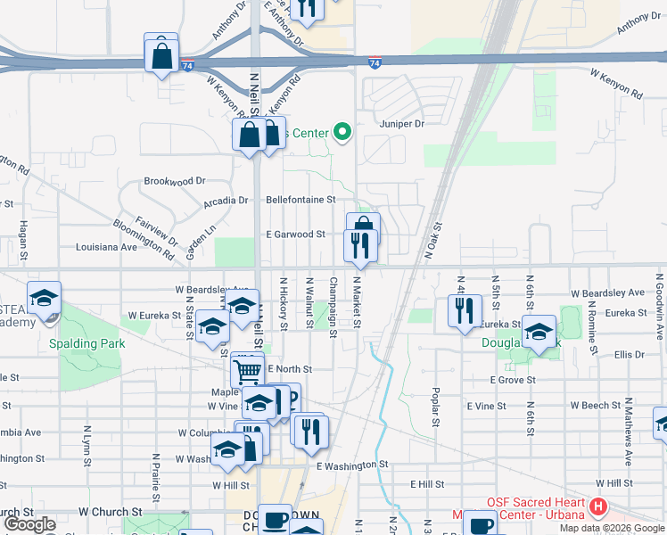 map of restaurants, bars, coffee shops, grocery stores, and more near 1207 North Champaign Street in Champaign