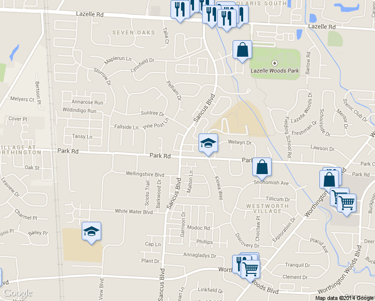 map of restaurants, bars, coffee shops, grocery stores, and more near 7972 Cedar View Boulevard in Westerville
