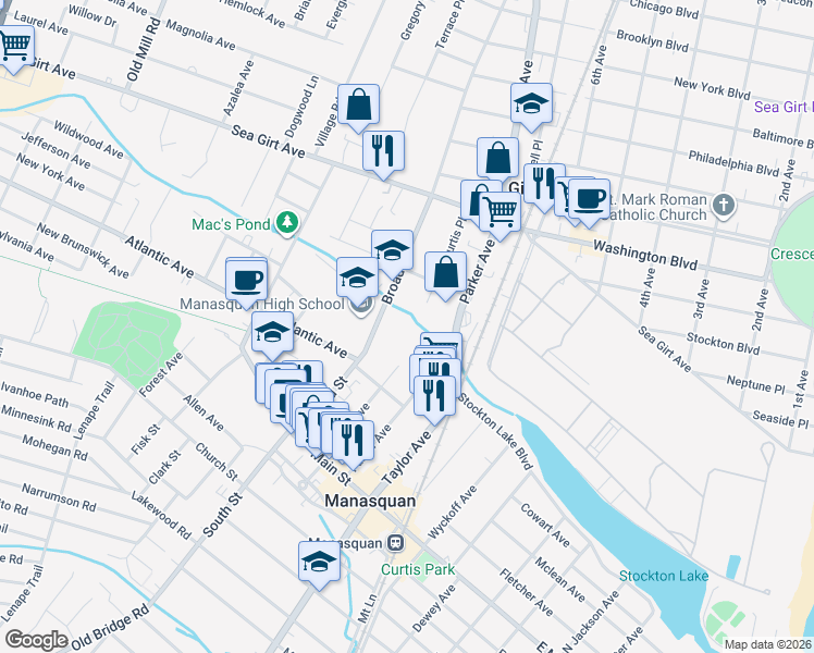 map of restaurants, bars, coffee shops, grocery stores, and more near 168 Broad Street in Manasquan