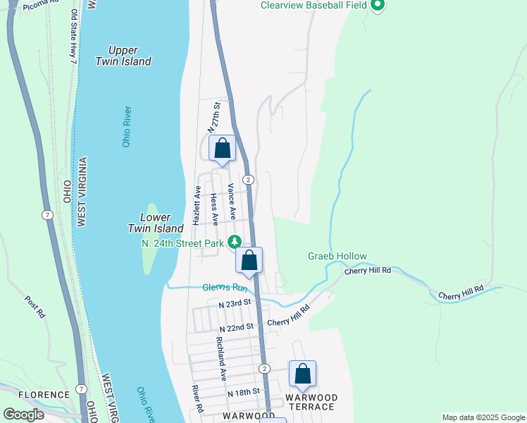 map of restaurants, bars, coffee shops, grocery stores, and more near 2500-2698 Wilson Drive in Wheeling