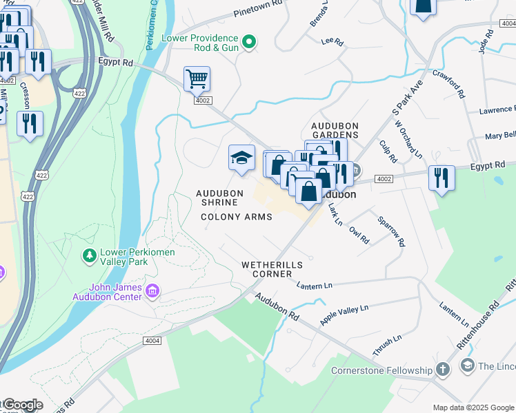 map of restaurants, bars, coffee shops, grocery stores, and more near 2828 Egypt Road in Norristown