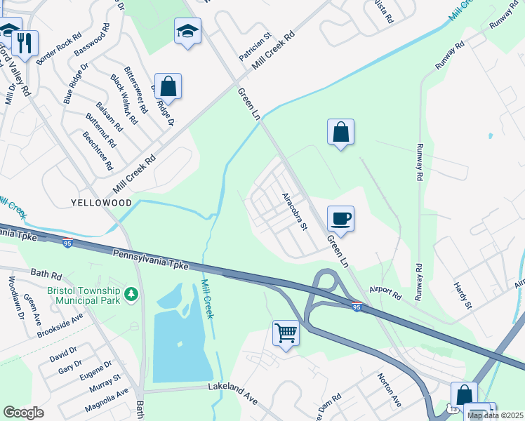 map of restaurants, bars, coffee shops, grocery stores, and more near 5702 Fleetwing Drive in Levittown