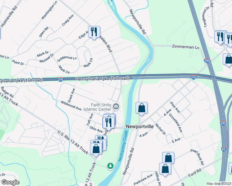 map of restaurants, bars, coffee shops, grocery stores, and more near 6087 Spring Avenue in Bensalem