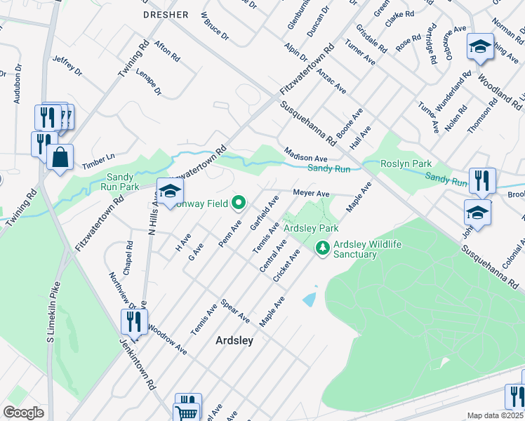 map of restaurants, bars, coffee shops, grocery stores, and more near 2943 Jefferson Avenue in Glenside