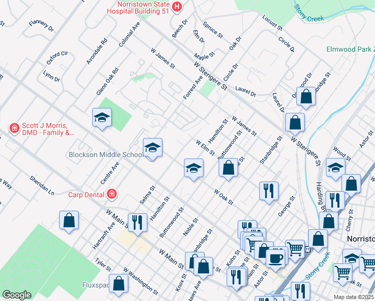 map of restaurants, bars, coffee shops, grocery stores, and more near 708 Selma St in Norristown