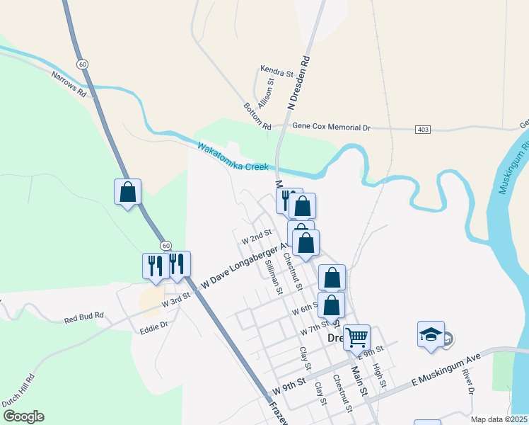 map of restaurants, bars, coffee shops, grocery stores, and more near 22 W 1st St in Dresden