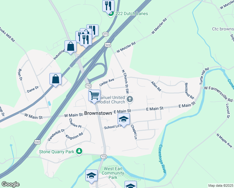 map of restaurants, bars, coffee shops, grocery stores, and more near 47 Walnut Drive in Ephrata