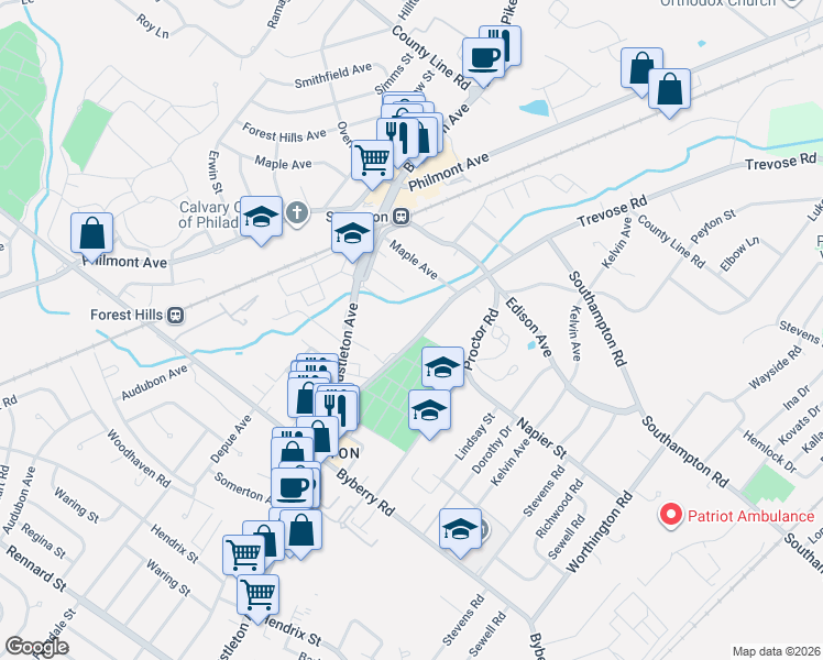 map of restaurants, bars, coffee shops, grocery stores, and more near 13131 Bustleton Avenue in Philadelphia