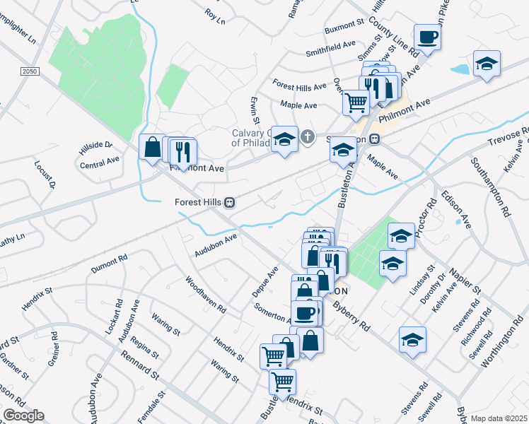 map of restaurants, bars, coffee shops, grocery stores, and more near 301 Byberry Road in Philadelphia